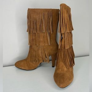 NEW Catherine Malandrino suede leather fringe heeled stiletto boots/festival.